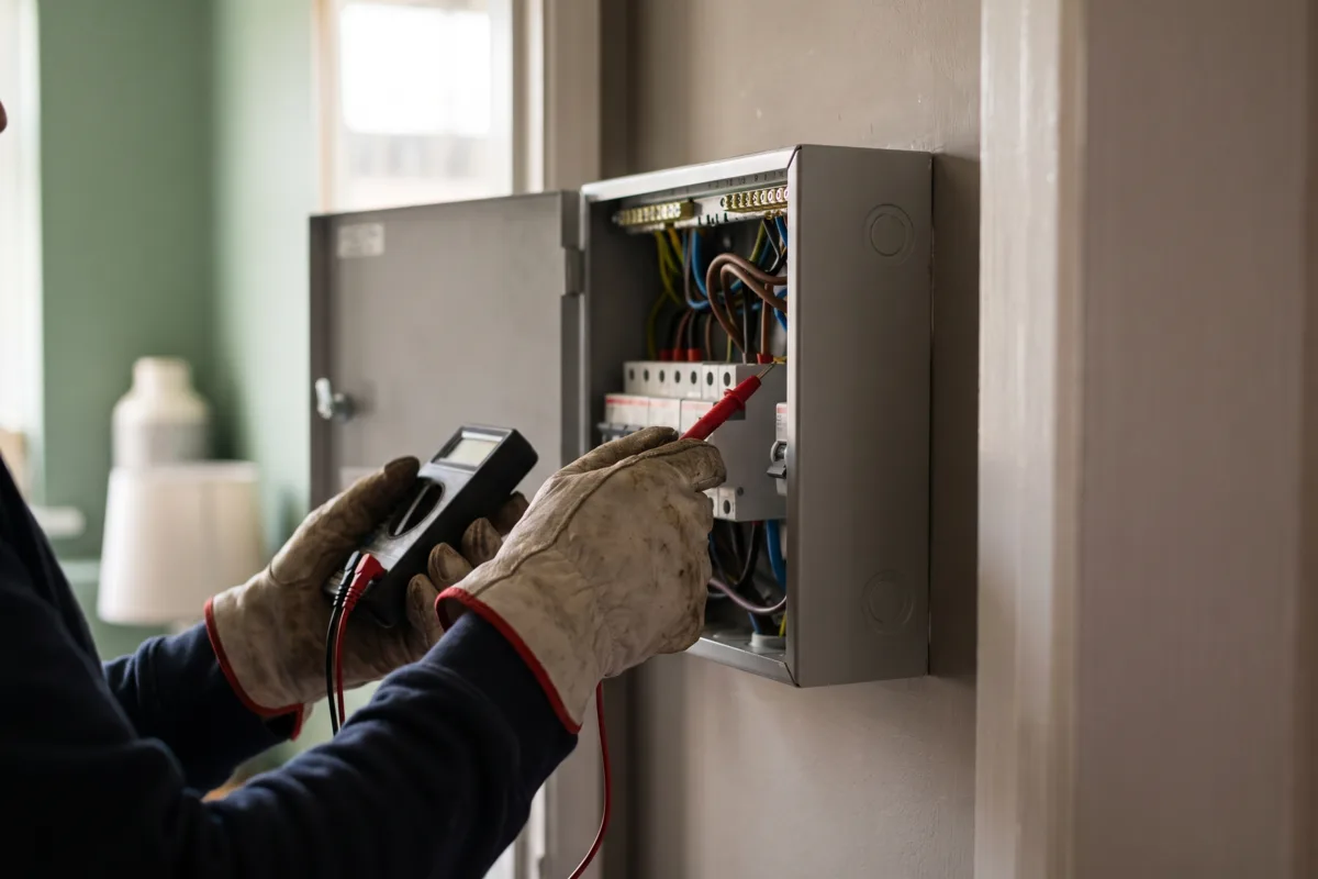 An electrician testing circuits in an open consumer unit with a handheld tester