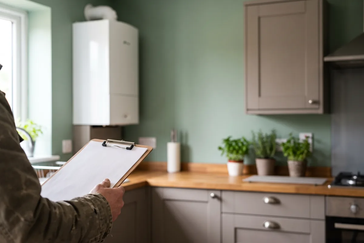 A white combi boiler on a kitchen wall with an engineer holding a clipboard in the foreground