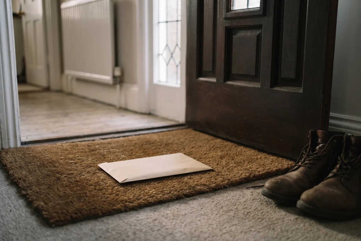 A plain envelope lying on a doormat just inside the front door of a terraced house