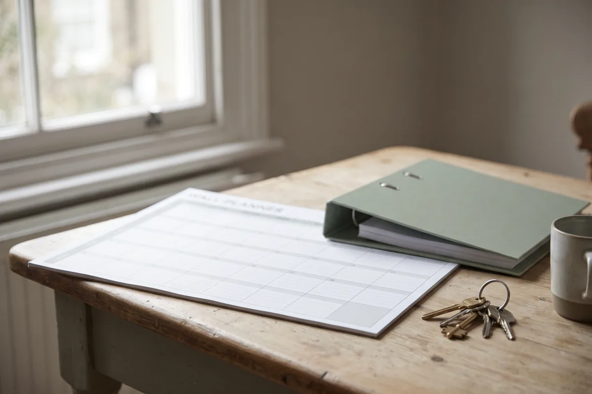 A paper wall planner, a green ring binder and a set of house keys on a kitchen table by a window